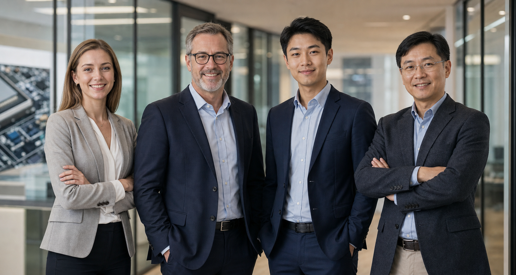 Four semiconductor and electronics business professionals in a modern company office