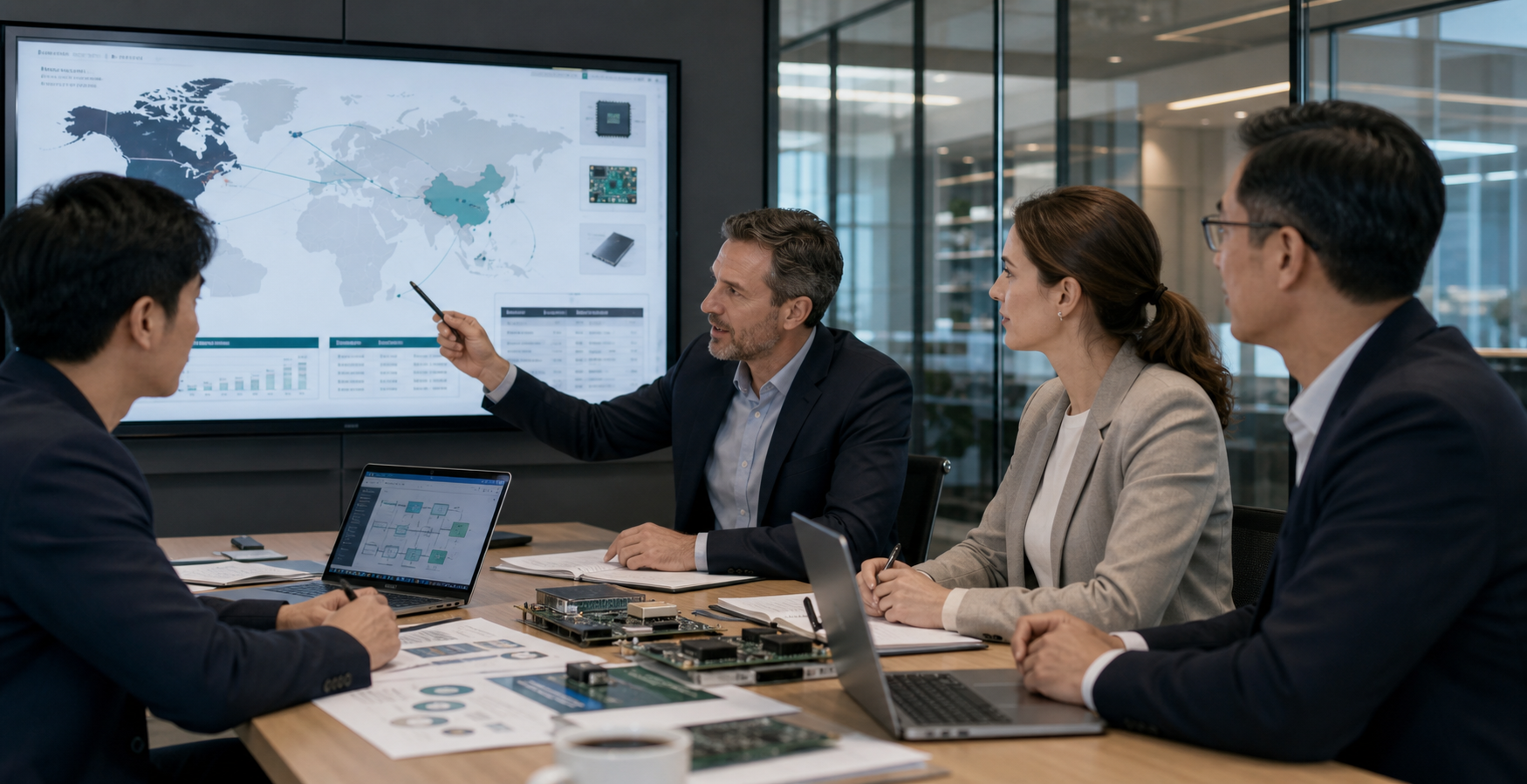 Business professionals reviewing China and North America semiconductor market strategy